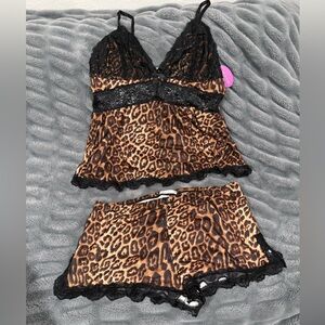 Leopard Print Lace Trim Sleepwear Set